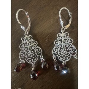 14K Solid White Gold Garnet Drop Earrings 4.2 Gr